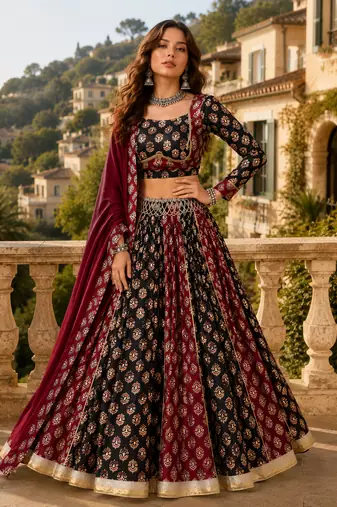 Black Heritage Ajrakh Print Rayon Cotton Lehenga Set