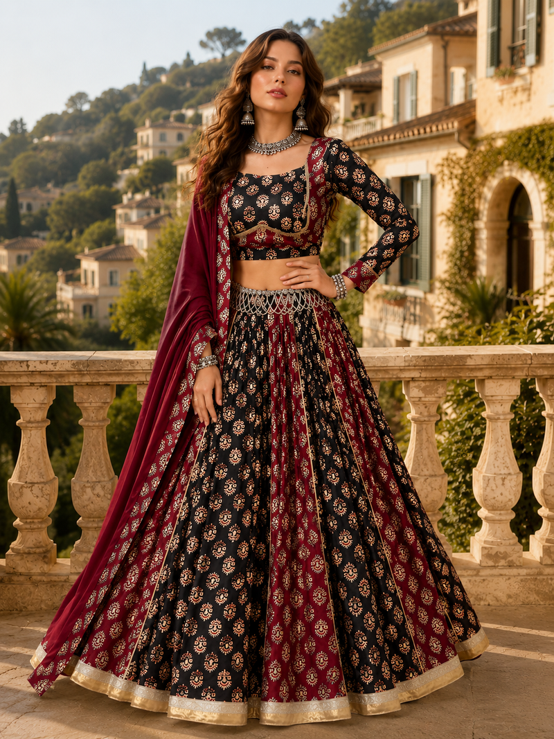 Black Heritage Ajrakh Print Rayon Cotton Lehenga Set