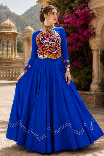 Royal Blue Rayon Cotton Navratri Lehenga Set