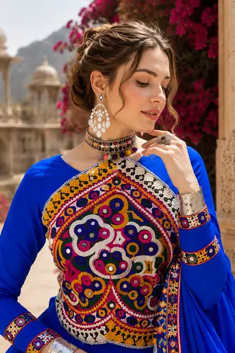 Royal Blue Rayon Cotton Navratri Lehenga Set