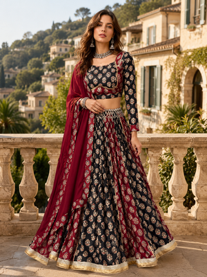 Black Heritage Ajrakh Print Rayon Cotton Lehenga Set 2