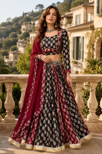 Black Heritage Ajrakh Print Rayon Cotton Lehenga Set