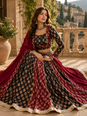 Black Heritage Ajrakh Print Rayon Cotton Lehenga Set 3