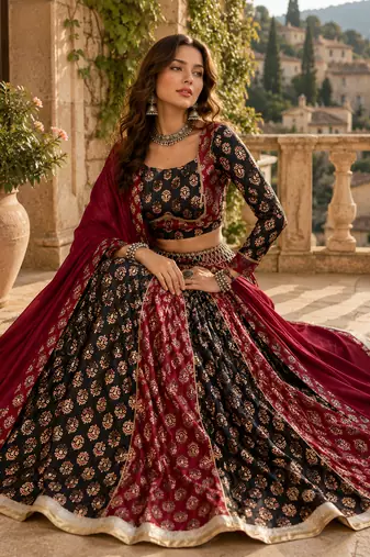 Black Heritage Ajrakh Print Rayon Cotton Lehenga Set