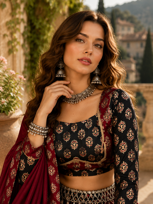 Black Heritage Ajrakh Print Rayon Cotton Lehenga Set 4