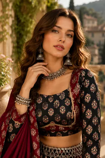 Black Heritage Ajrakh Print Rayon Cotton Lehenga Set