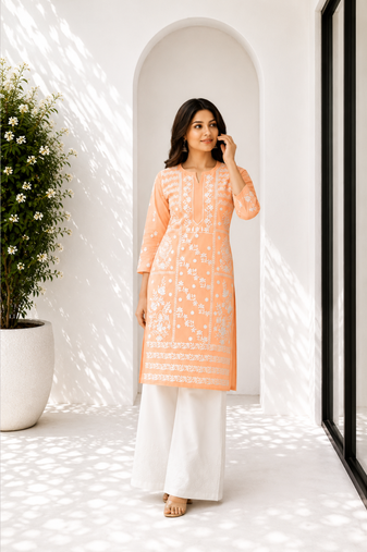 Peach Fully Embroidered Cotton Kurta Palazzo 2pc set