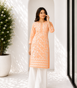 Peach Fully Embroidered Cotton Kurta Palazzo 2pc set