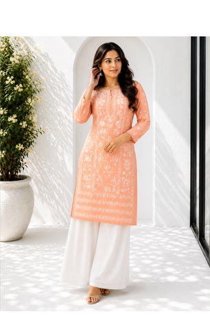 Peach Fully Embroidered Cotton Kurta Palazzo 2pc set 2
