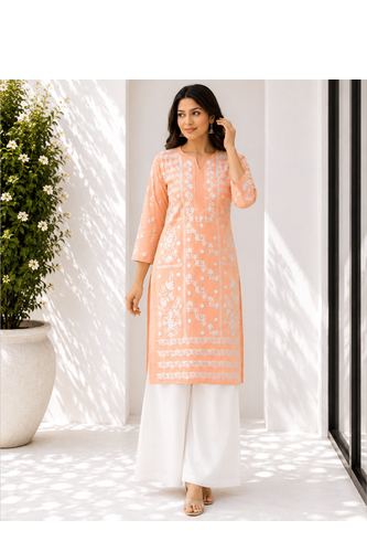 Peach Fully Embroidered Cotton Kurta Palazzo 2pc set 3