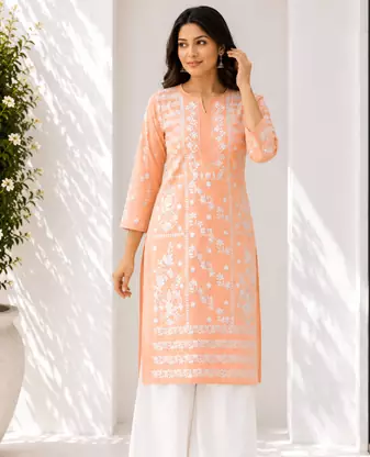 Peach Fully Embroidered Cotton Kurta Palazzo 2pc set