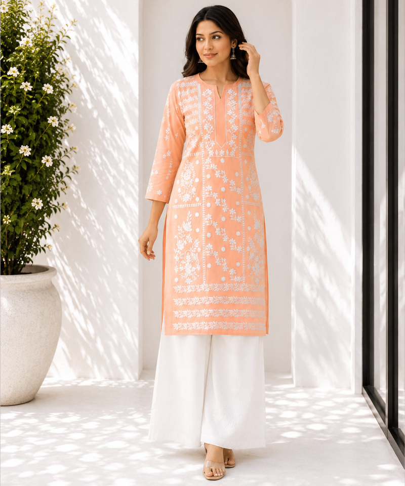 Peach Fully Embroidered Cotton Kurta Palazzo 2pc set