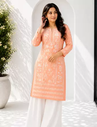 Peach Fully Embroidered Cotton Kurta Palazzo 2pc set