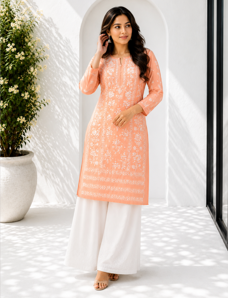 Peach Fully Embroidered Cotton Kurta Palazzo 2pc set