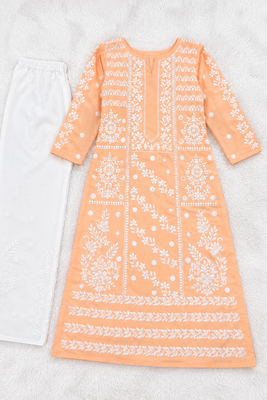 Peach Fully Embroidered Cotton Kurta Palazzo 2pc set 5
