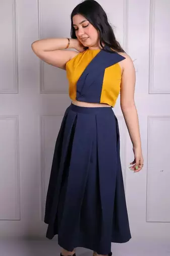 Mustard yellow & navy blue pleated crepe crop top with midi skirt co-ord set