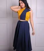 Mustard yellow & navy blue pleated crepe crop top with midi skirt co-ord set