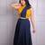 Mustard yellow & navy blue pleated crepe crop top with midi skirt co-ord set
