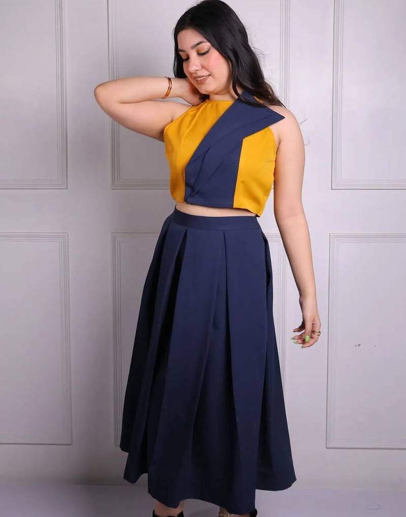 Mustard yellow & navy blue pleated crepe crop top with midi skirt co-ord set