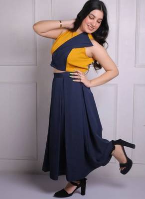 Mustard yellow & navy blue pleated crepe crop top with midi skirt co-ord set 2