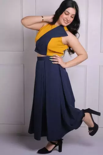 Mustard yellow & navy blue pleated crepe crop top with midi skirt co-ord set
