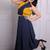 Mustard yellow & navy blue pleated crepe crop top with midi skirt co-ord set