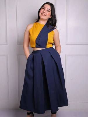 Mustard yellow & navy blue pleated crepe crop top with midi skirt co-ord set 3