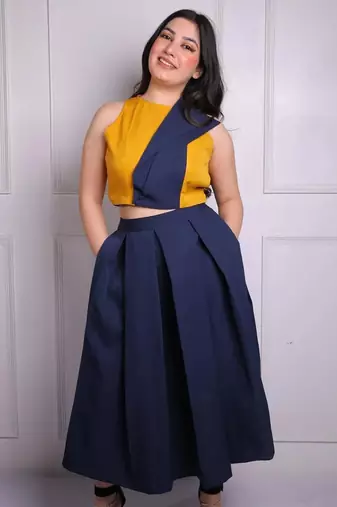 Mustard yellow & navy blue pleated crepe crop top with midi skirt co-ord set