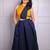 Mustard yellow & navy blue pleated crepe crop top with midi skirt co-ord set