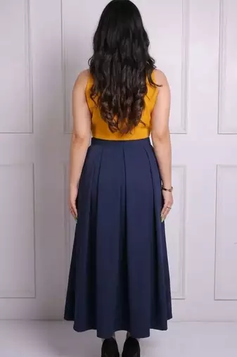 Mustard yellow & navy blue pleated crepe crop top with midi skirt co-ord set