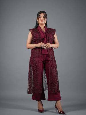 Wine embroidered crepe jacket co-ord set for women 1