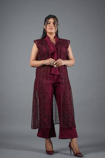 Wine embroidered crepe jacket co-ord set for women