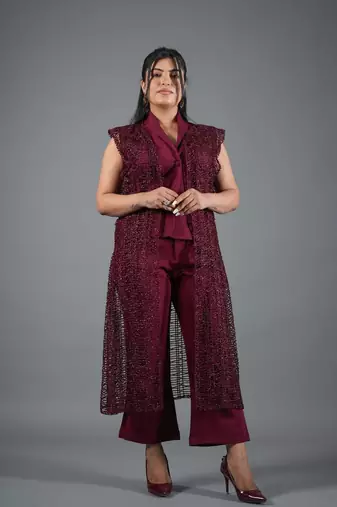 Wine embroidered crepe jacket co-ord set for women