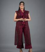 Wine embroidered crepe jacket co-ord set for women