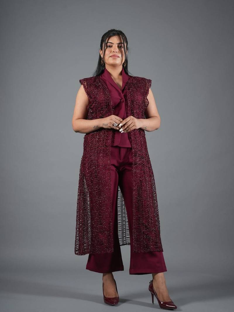Wine embroidered crepe jacket co-ord set for women