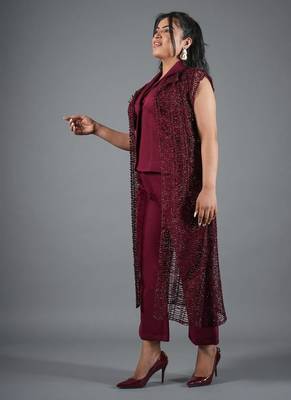 Wine embroidered crepe jacket co-ord set for women 2