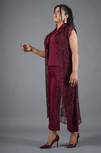 Wine embroidered crepe jacket co-ord set for women