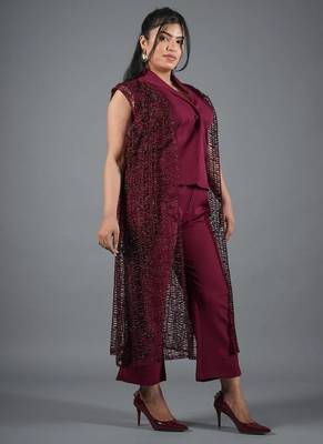 Wine embroidered crepe jacket co-ord set for women 3