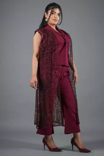 Wine embroidered crepe jacket co-ord set for women