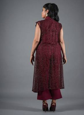 Wine embroidered crepe jacket co-ord set for women 4