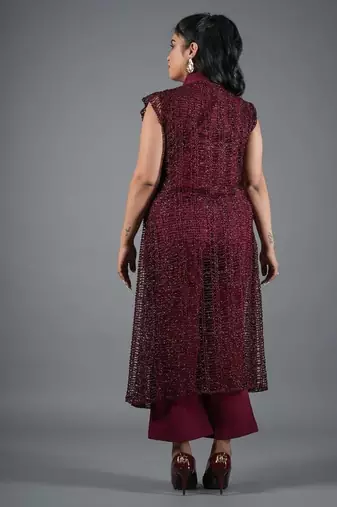 Wine embroidered crepe jacket co-ord set for women