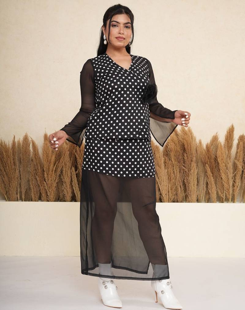 Black & white polka dot printed crepe co-ord set for women