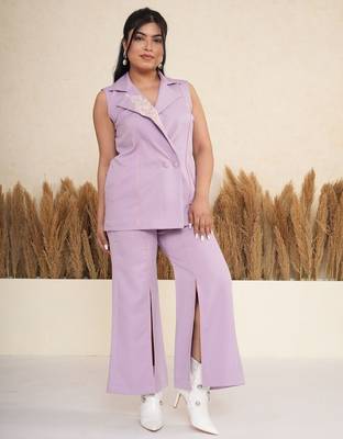 Lavender embroidered polyester blazer co-ord set for women 1