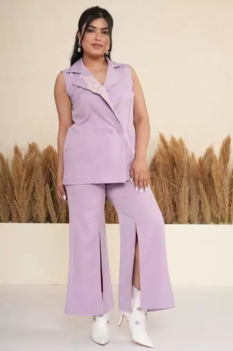 Lavender embroidered polyester blazer co-ord set for women