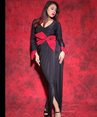 Black & red colorblocked lycra maxi dress for women 1