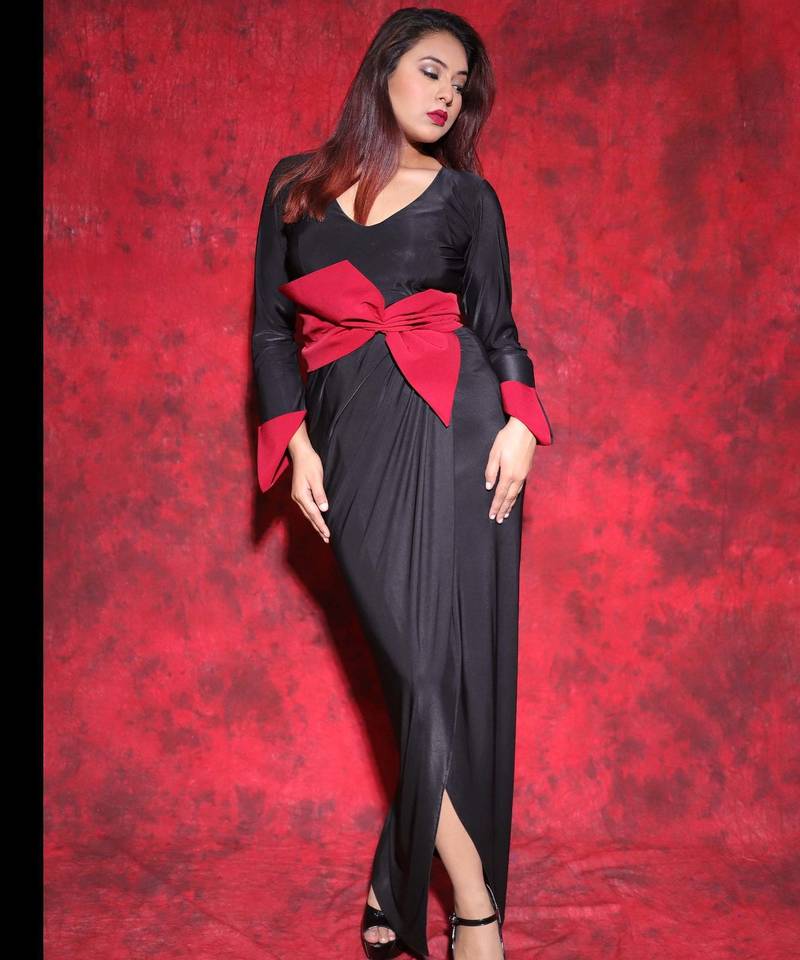 Black & red colorblocked lycra maxi dress for women
