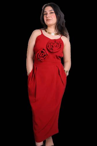 Red floral applique crepe strapless maxi dress for women