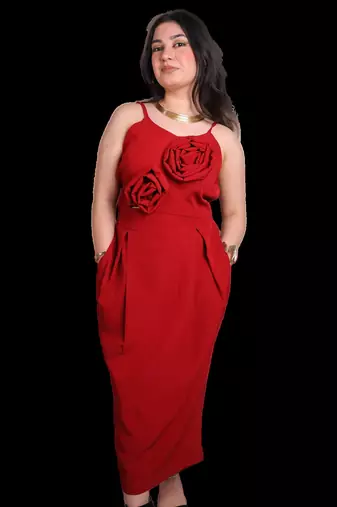 Red floral applique crepe strapless maxi dress for women