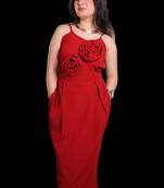 Red floral applique crepe strapless maxi dress for women