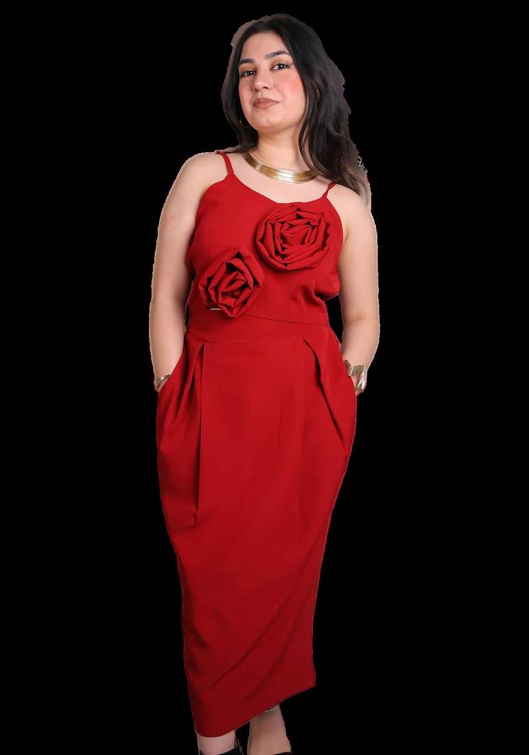 Red floral applique crepe strapless maxi dress for women